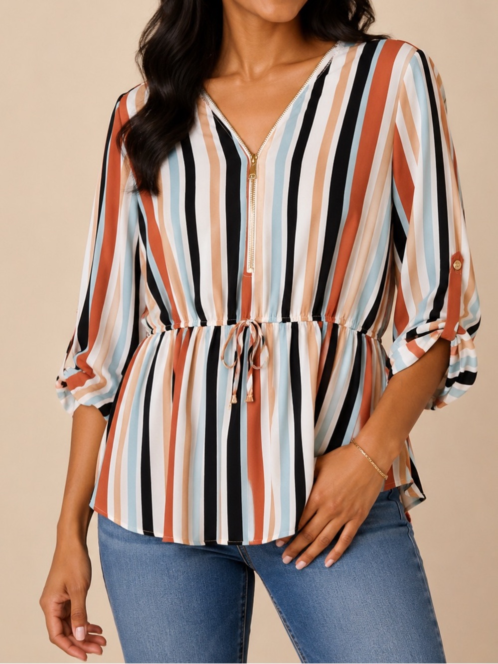 Rue21 | Multi-Striped V-Neck Drawstring Peplum Top | Size L | NWOT